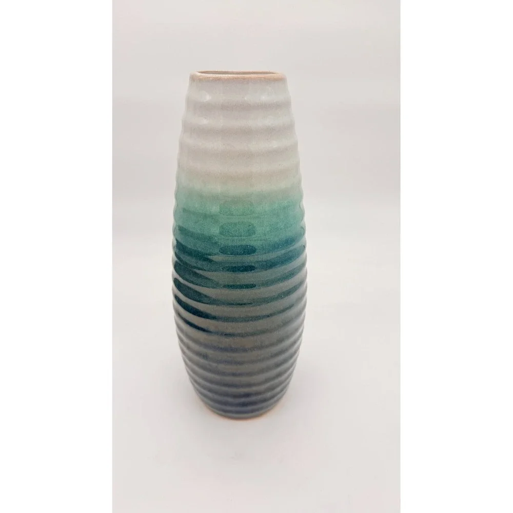 Pre-owned Apropos Home Collection Ceramic Vase Aqua Ribbed 11.5 Inch Tall